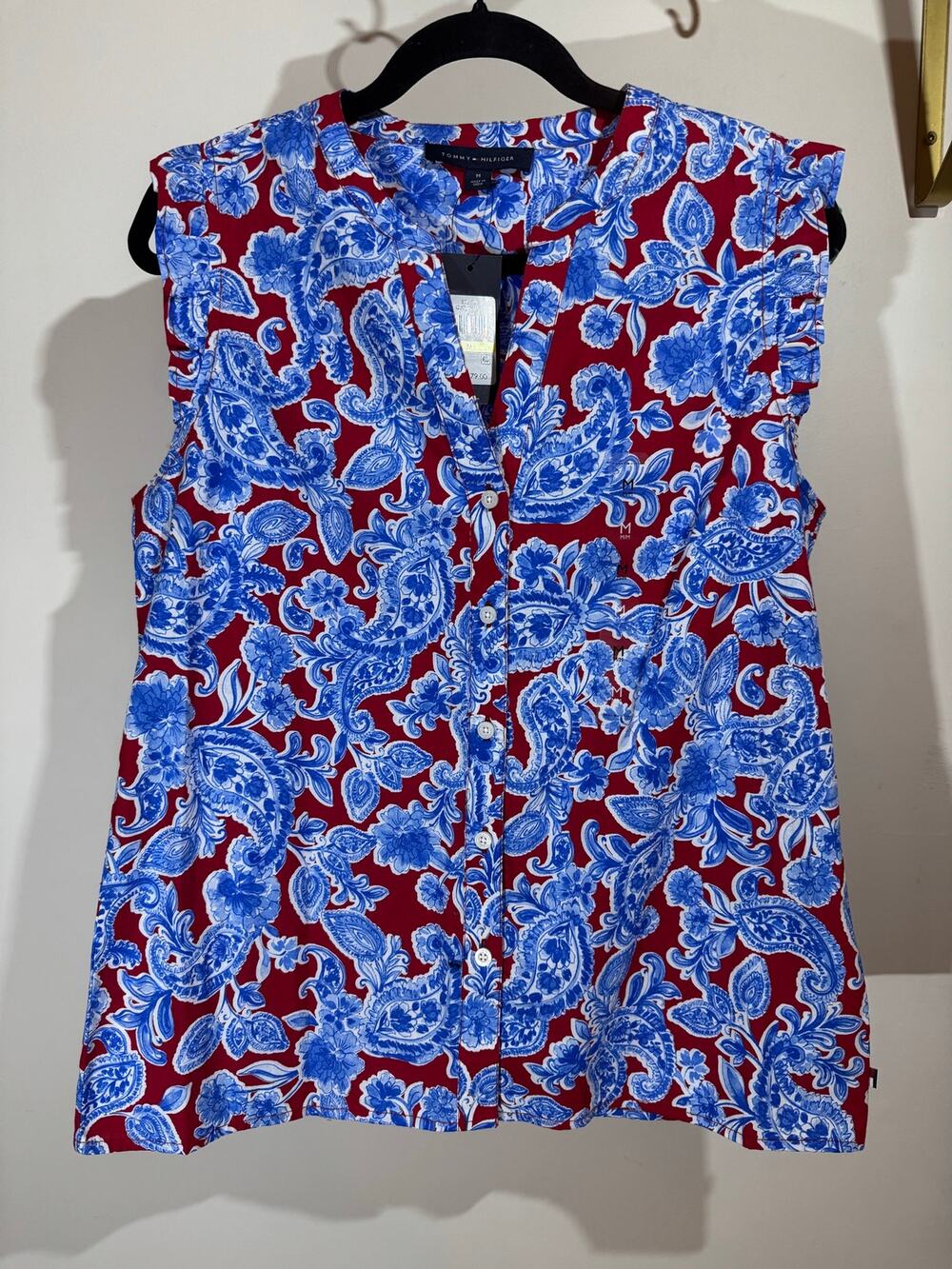 Ladies Medium Tommy Hilfiger NWT Blue and Red Sleeveless Ruffle Blouse